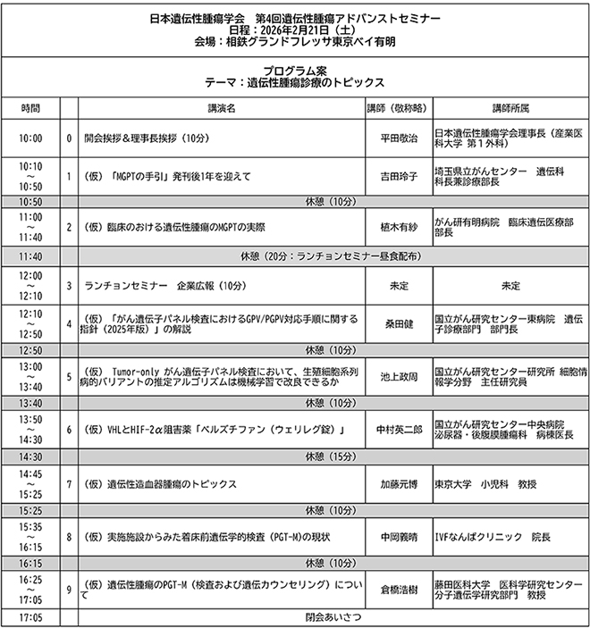 第4回遺伝性腫瘍アドバンストセミナー プログラム